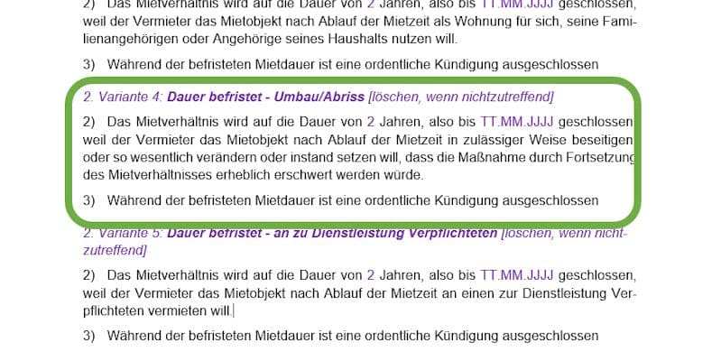Mietdauer befristet wegen Umbau/Abbruch
