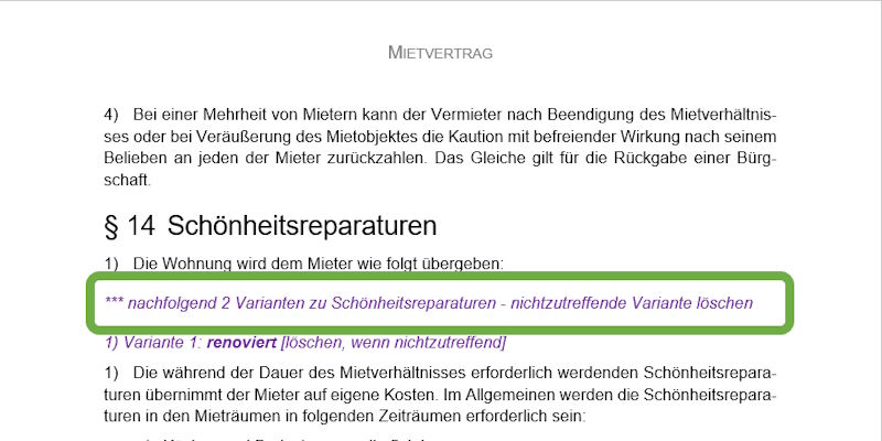 Übersicht Varianten Schönheitsreparaturen