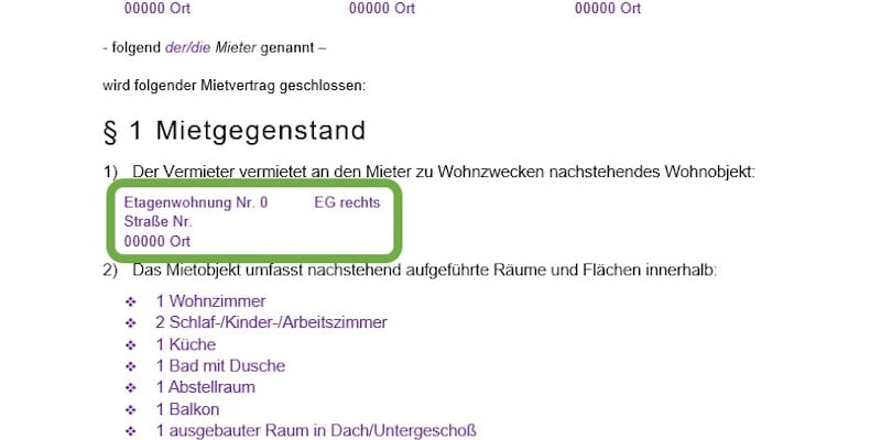 Ausfüllanleitung Mietvertrag Ojektart Anschrift
